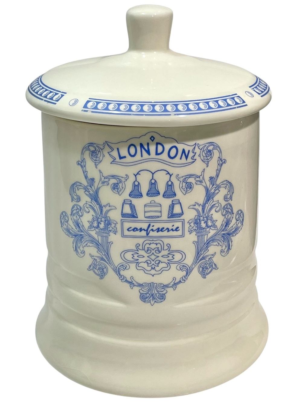 Vintage 1980s London Confiserie Blue and White Ceramic Cookie Jar - Chino